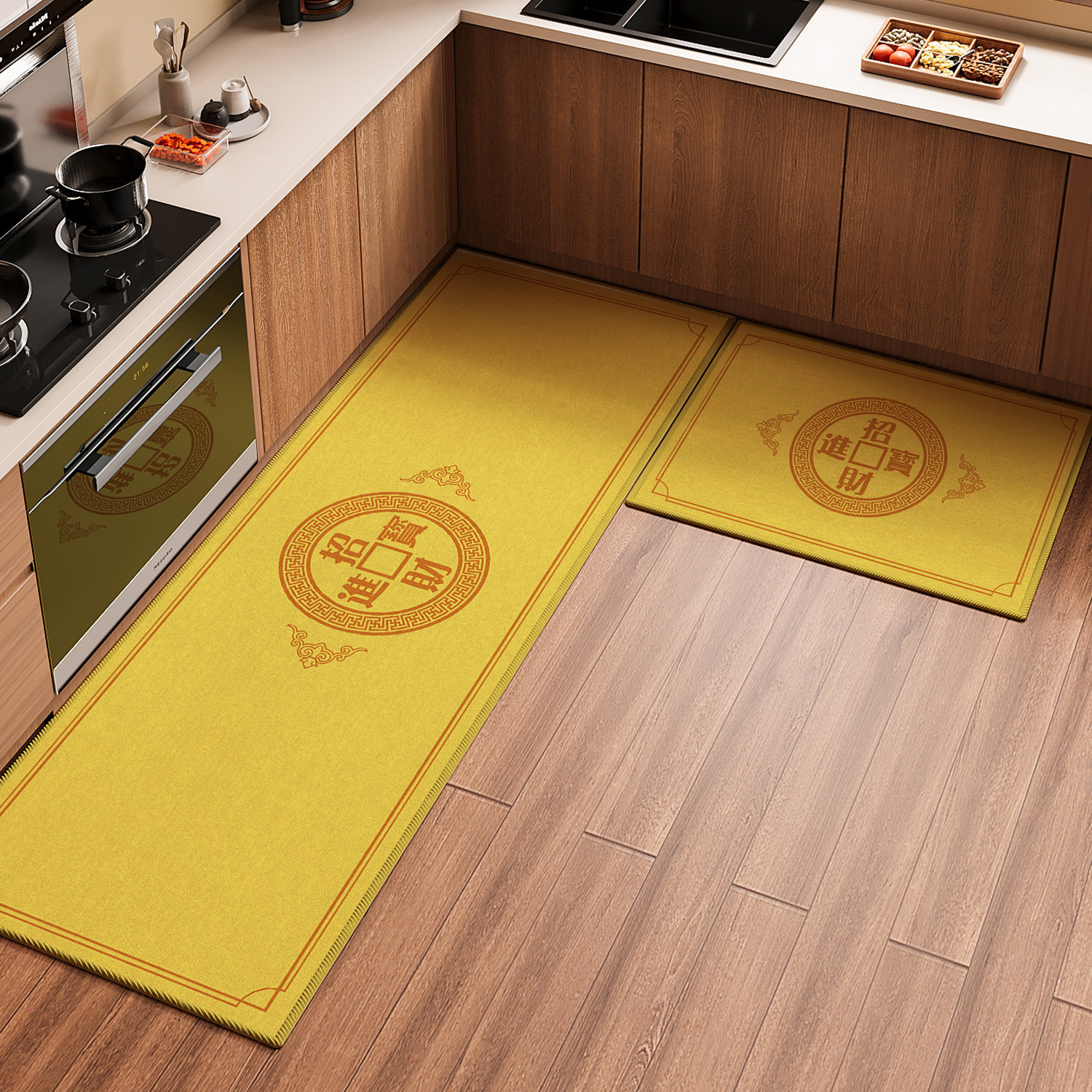 黄色招财厨房专用地垫高级防滑地毯比利时绒长条家用转角吸水脚垫,居家布艺,厨房地垫,淘宝优惠券,粉丝福利购,淘宝优惠卷