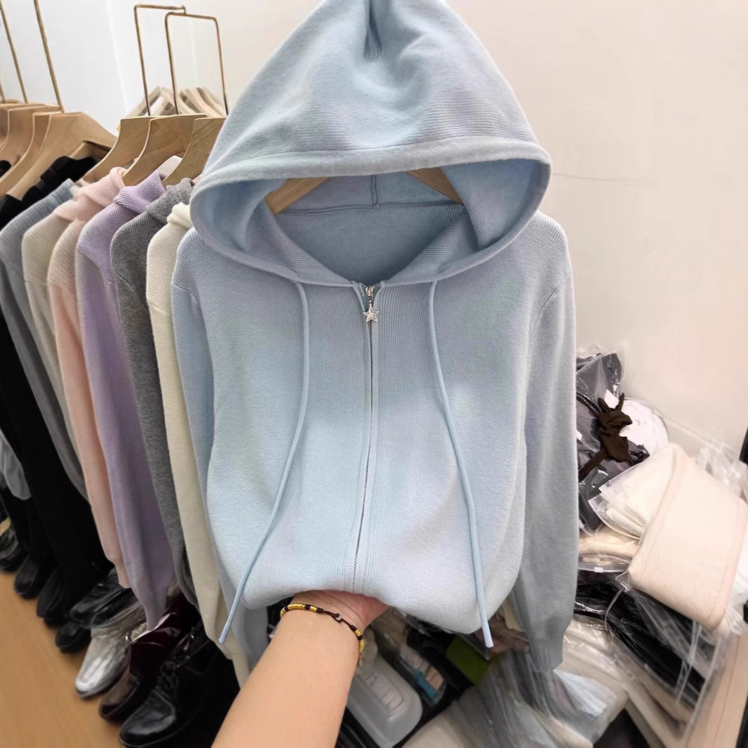 双拉链长袖针织衫开衫女