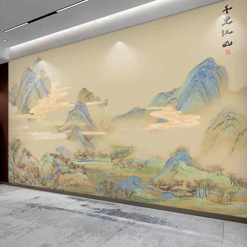 复古中式茶室墙纸国画千里江山书房客厅电视背景壁布酒店大堂餐厅