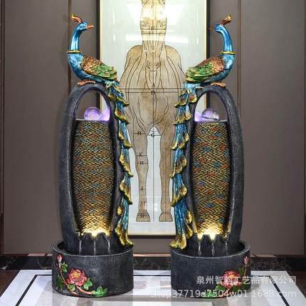 大型欧式孔雀喷泉流水摆件客厅阳台别墅家居水景落地加湿器装饰品