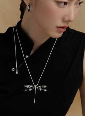 SOUNDERWANG园游会.蜻蜓拉丝牡丹珠光珐琅/黑珐琅抽拉项链