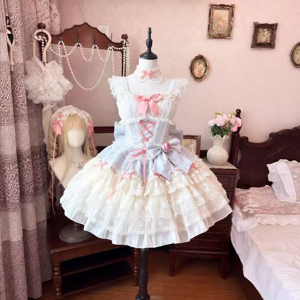 原创设计白茶少女玫瑰礼赞lolita洋装芭蕾风jsk吊带连衣裙成人礼