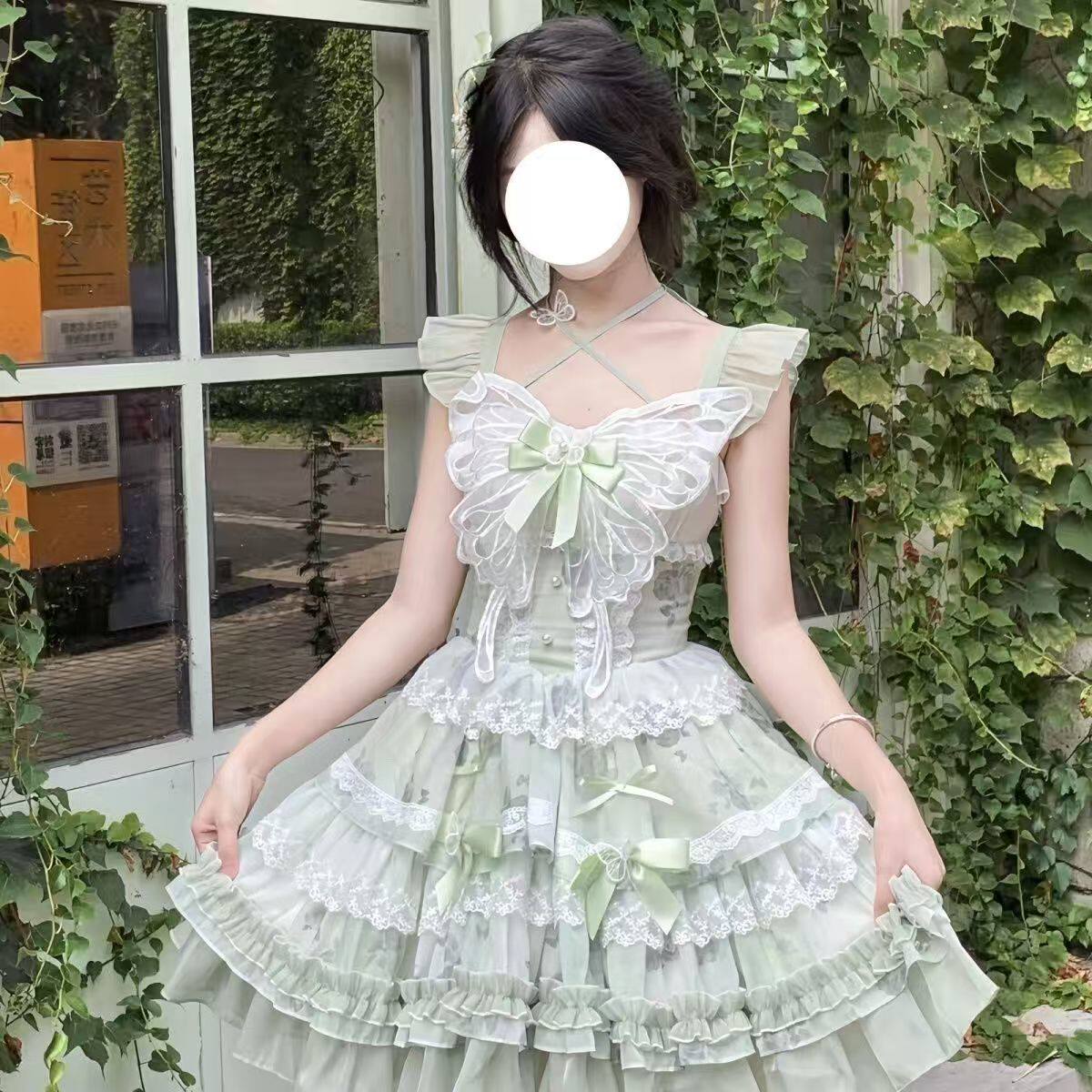 夏日感小清新花期之约白绿蝴蝶公主礼服少女生日Lolita短裙蝴蝶结
