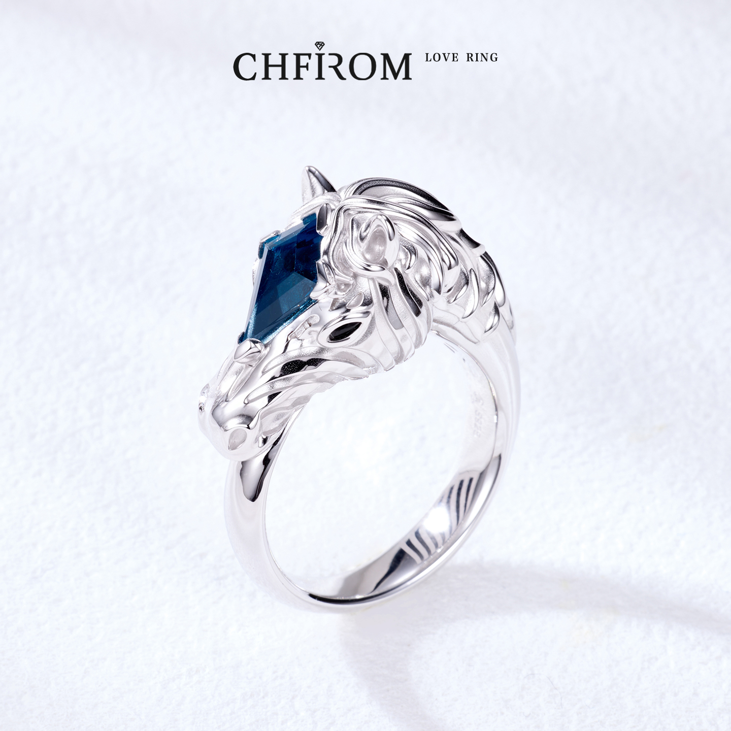 生肖马戒指 S925纯银天然伦敦蓝托帕石原创单戒 中性高级马年礼物