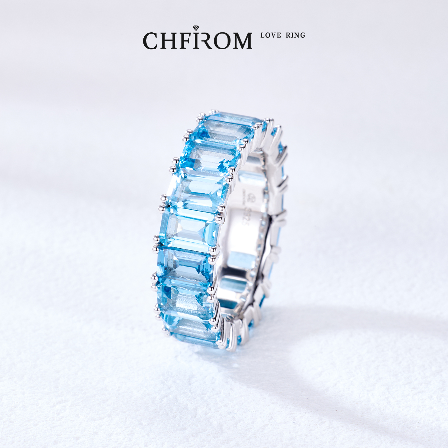 满圈天然托帕石戒指S925纯银男女同款宽版指环天空蓝宝石百搭高级