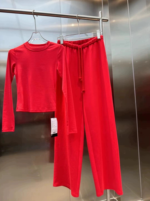 2025 春季运动套装女小个子洋气减龄红色长袖T恤显瘦长裤两件套潮