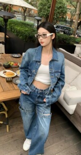 破洞阔腿牛仔裤 设计感蝙蝠牛仔外套女个性 网红两件套 新款 2026春季