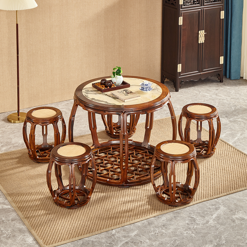 蕴秀阁刀状黑黄檀圆形餐桌椅组合中式大理石圆台鼓凳仿古红木家具|ruв категории жилой мебели, Таблица класса, обеденный стол - от Buy2taobao.com для оказания профессиональной услуги покупки агента Taobao