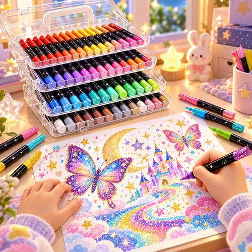 新款闪光直液式丙烯马克笔软头小学生美术专用画画笔彩色笔水彩笔翻转24色笔幼儿园DIY涂鸦儿童文具礼盒套装