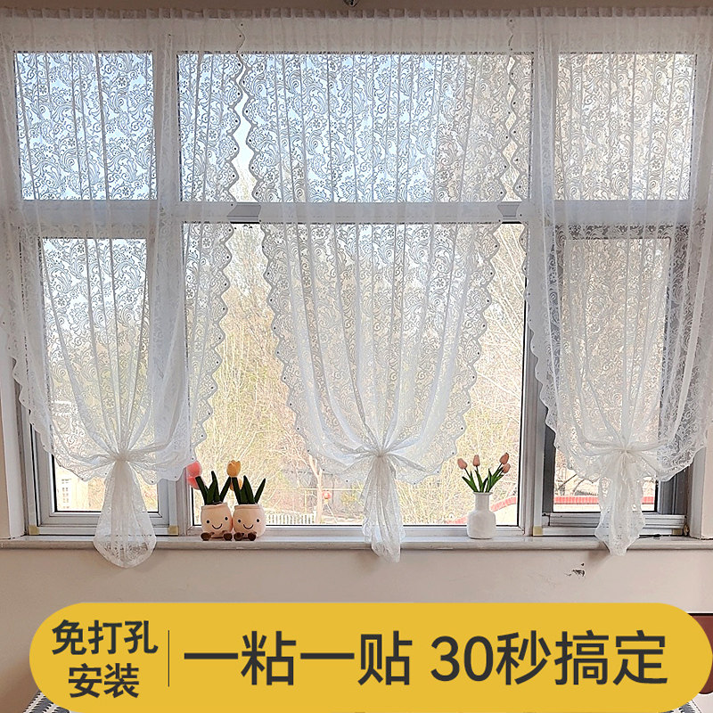 纱帘飘窗内开窗钉珠门帘2026新款免打孔蕾丝阳台窗帘卫生间隔断帘图片