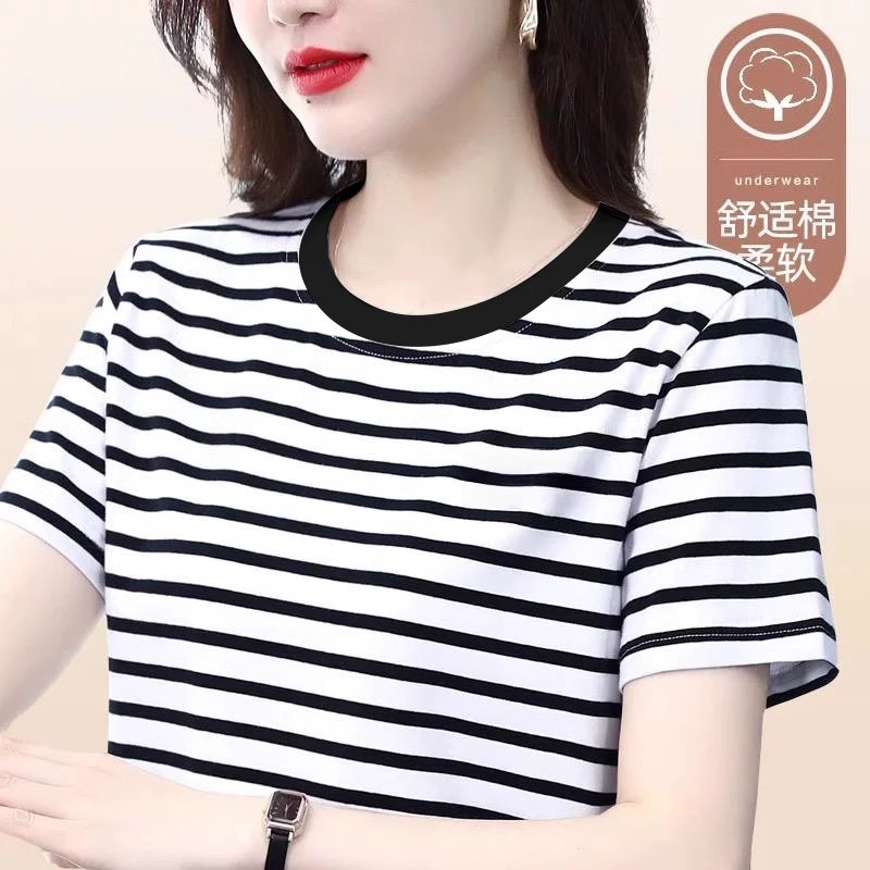 夏季胖mm大码显瘦正肩上衣宽松纯棉半袖小衫黑白条纹短袖t恤女士