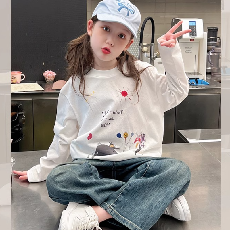 女童秋装白色长袖t恤2025新款儿童春秋款上衣大童秋季打底衫洋气