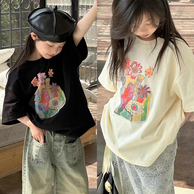 童装女童短袖T恤全棉包边包条2025新款夏季中大童半袖印花上衣ins