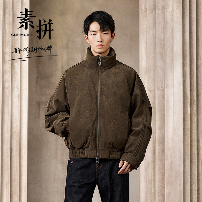 素拼男装2025冬季新款PU皮羽绒服男休闲潮牌外套立领保暖鸭绒夹克