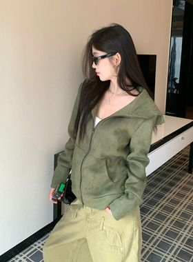 美式复古绿色连帽卫衣外套女秋季超好看拉链开衫短款修身显瘦上衣