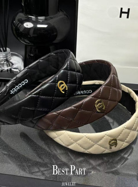 皮质菱形格皮海绵发箍复古ins发卡增高颅顶宽边头箍简约气质小香