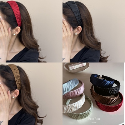 纯色质感低饱和度缎面质感褶皱发箍女高颅顶布艺缠绕宽边压发头箍
