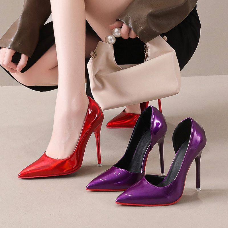 12cm高跟鞋性感漆皮内里红底41网红镭射紫侧空细跟浅口42单鞋女43