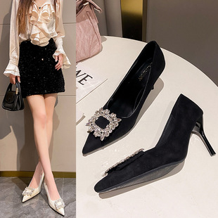 35-45码 44大码女鞋41新款性感8cm高跟鞋女42甜美水钻方扣单鞋43