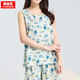 印花可外穿凉感透气棉绸家居服套装 短裤 无袖 桑维亚棉绸睡衣女夏季