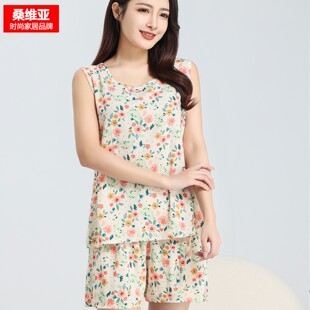 印花可外穿凉感透气棉绸家居服套装 短裤 无袖 桑维亚棉绸睡衣女夏季