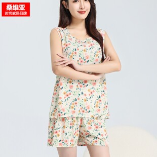 印花可外穿凉感透气棉绸家居服套装 短裤 无袖 桑维亚棉绸睡衣女夏季