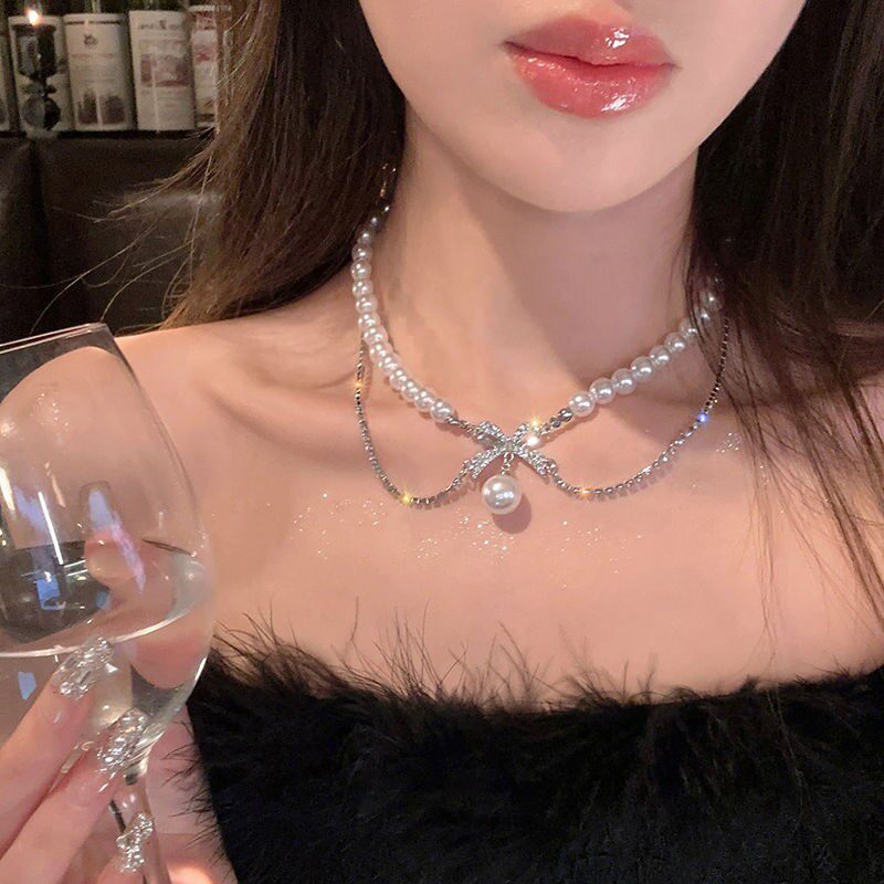 Tiny Sylvie 法式双层蝴蝶结珍珠项链女款轻奢小众优雅锁骨链