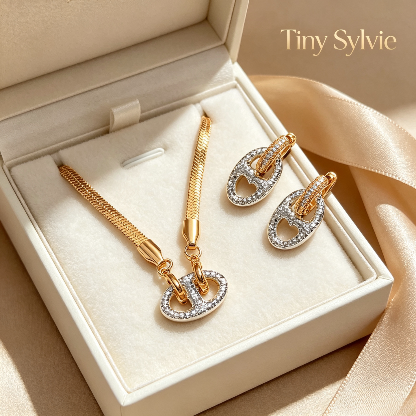 Tiny Sylvie猪鼻子金银双色耳环女碎碎冰小众法式项链锁骨链项链