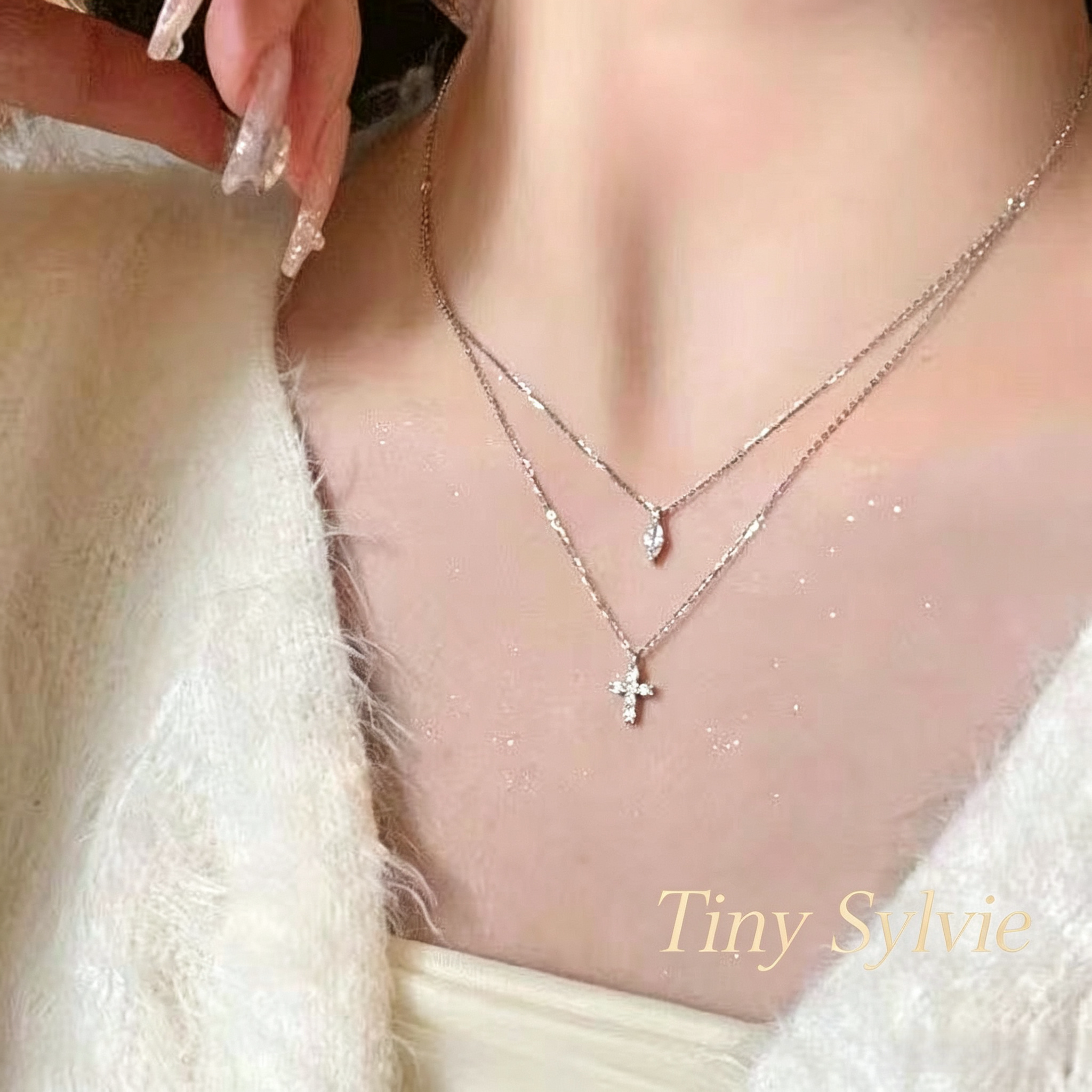 小众设计师闪钻十字架叠戴项链