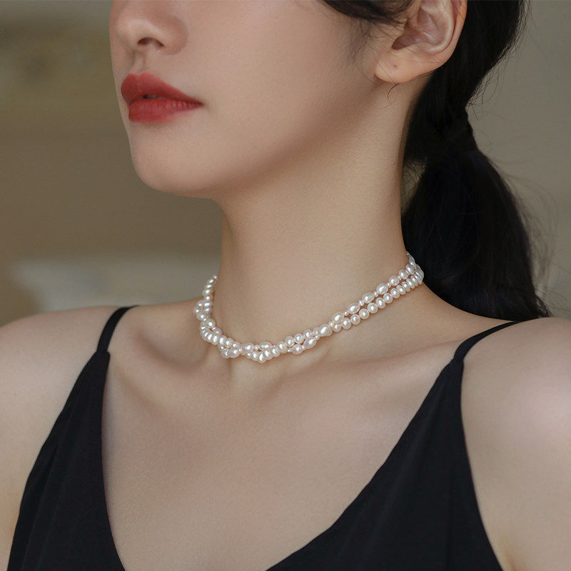Tiny Sylvie 百搭蕾丝双层choker颈链天然巴洛克女士珍珠