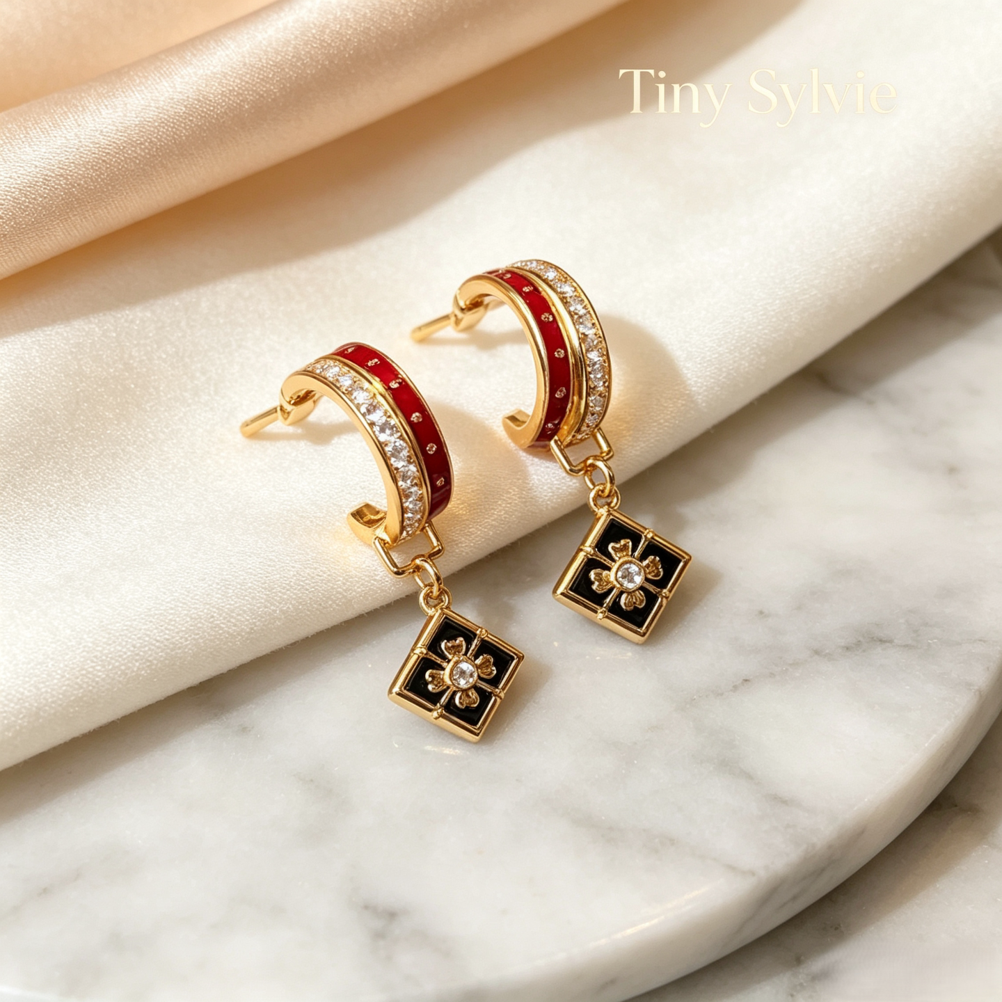 Tiny Sylvie万相系列珐琅红色耳环女气质耳钉高级感宝相花耳饰品