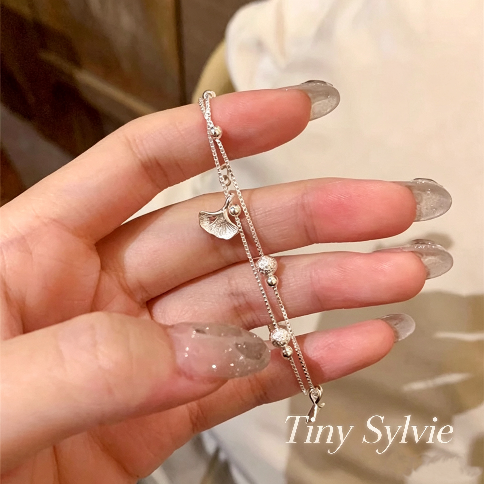 法式小众双层杏叶银手链