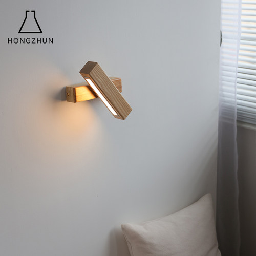 鸿准日式木质床头卧室带开关壁灯