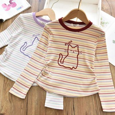 女童卡通刺绣条纹长袖T恤打底衫