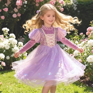 女童粉爱莎公主连衣裙丝绒冰雪2026春秋冬新款安娜生日网纱蓬蓬裙