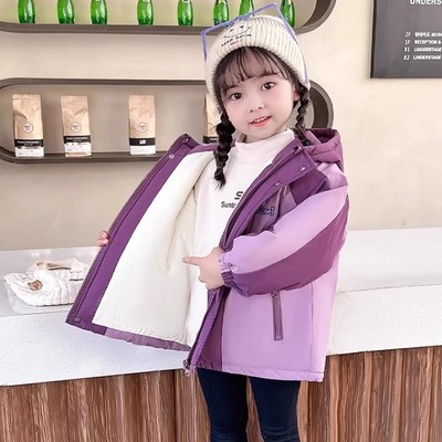 女童库洛米风衣连帽外套加绒2025春秋冬新款宝宝加厚夹克冲锋上衣