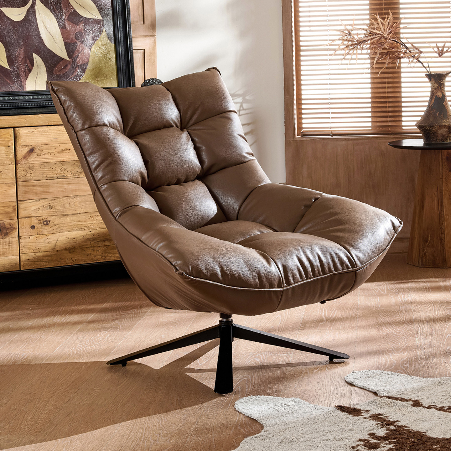 菲尚丽家轻奢单人沙发椅皮质客厅家用休闲躺椅现代简约旋转沙发椅