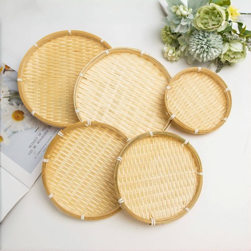 竹编簸箕竹筛子客厅家用收纳筐圆形竹篮子点心托盘竹筲箕婚庆