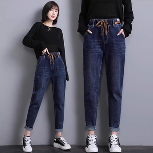 休闲百搭松紧腰老爹裤 萝卜裤 子 女加绒加厚宽松秋冬新款 哈伦牛仔裤