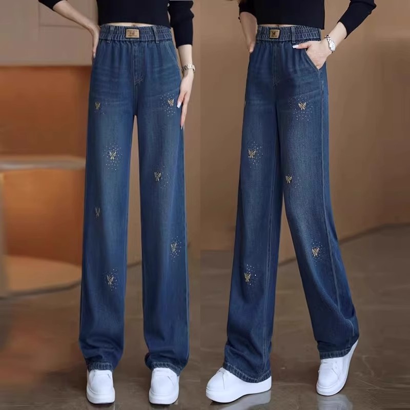 蝴蝶刺绣牛仔裤女春秋2025年新款高腰显瘦设计感窄版阔腿裤