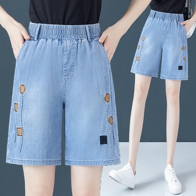 天丝牛仔短裤女夏季2025年新款高腰阔腿中裤宽松冰丝薄款五分裤子