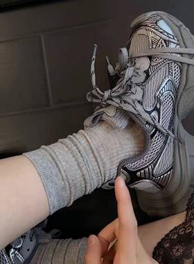 灰色堆堆袜子女夏季薄款搭配老爹鞋纯棉中筒ins系芭蕾风黑色长袜