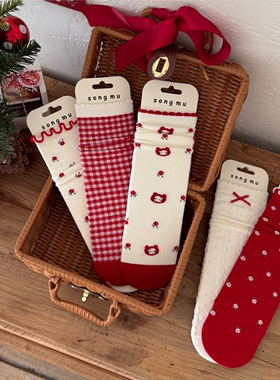 圣诞节木耳边红色碎花中筒袜女可爱蝴蝶结波点格子袜ins潮圣诞袜