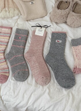 秋冬新款软糯羊毛袜子女中筒袜ins休闲简约加厚保暖粉色系列长袜