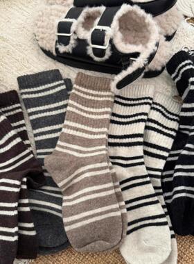 百搭外穿长袜日系复古条纹袜子女中筒袜秋冬加厚保暖羊毛袜ins潮