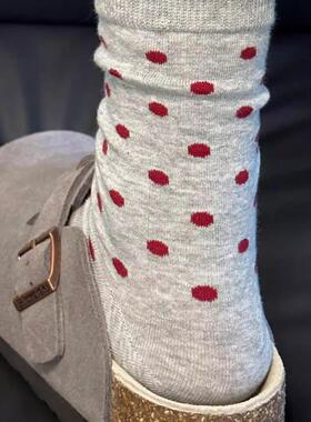 安可拉红堆堆袜秋冬无骨袜白色波点袜子女春秋款纯棉中筒袜ins潮