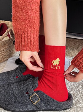 2026马上暴富~大红色中筒袜女秋冬本命年生肖马刺绣新年堆堆长袜