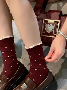 日系ins潮短袜木耳边堆堆袜秋冬款英伦风咖啡色中筒袜子千鸟格女