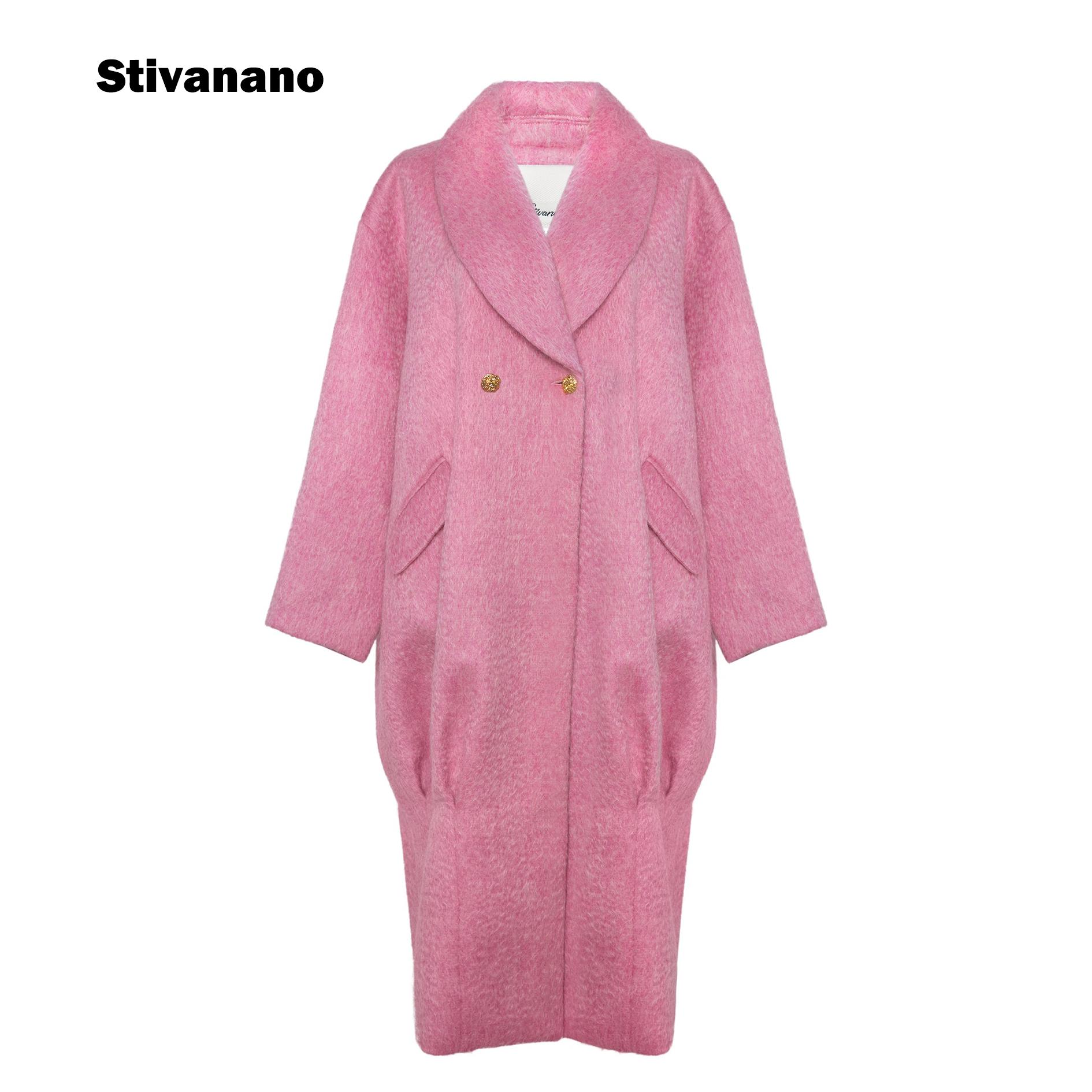 青果领茧型水波纹大衣过膝长款