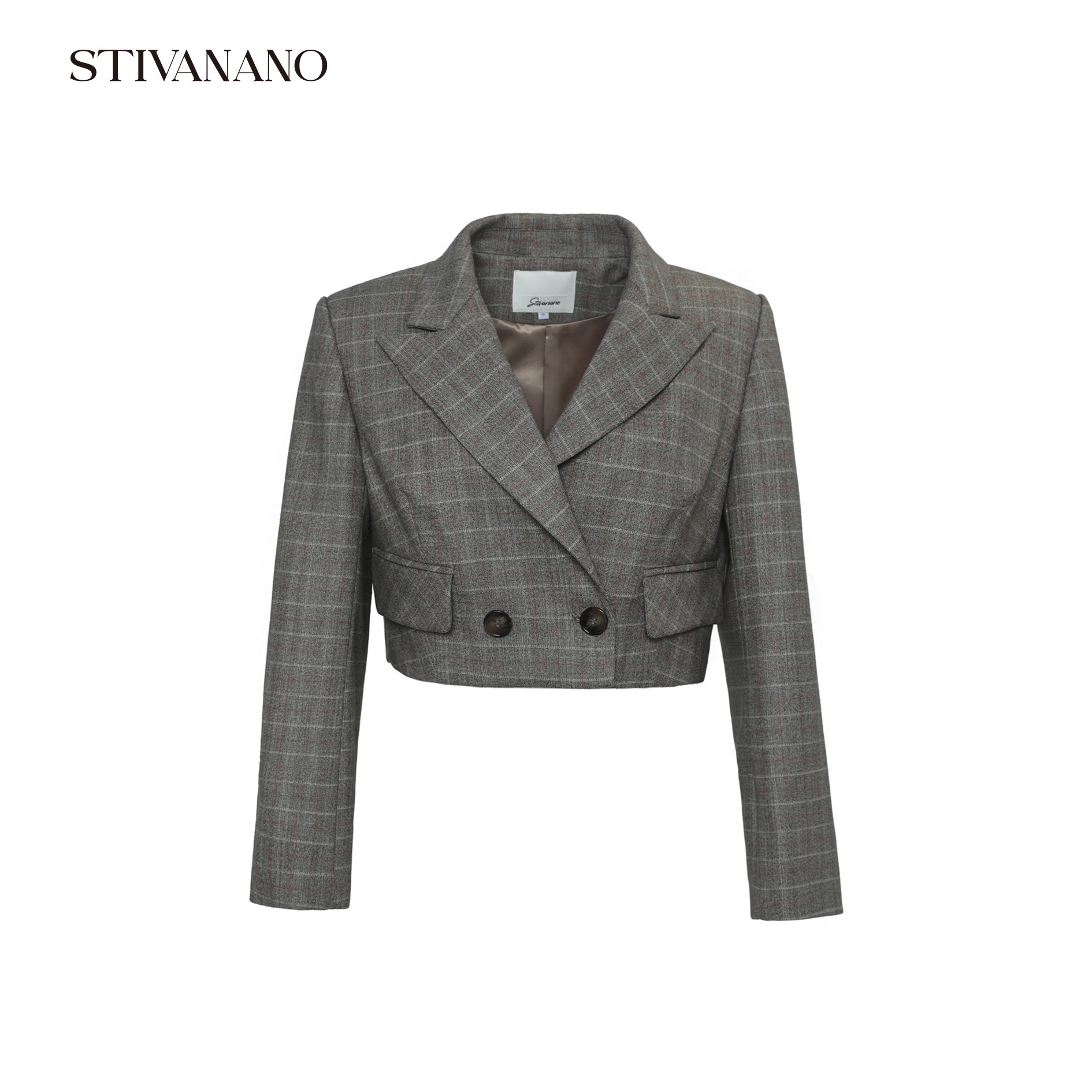 Stivanano 戗驳领‌灰棕格纹高腰短西装
